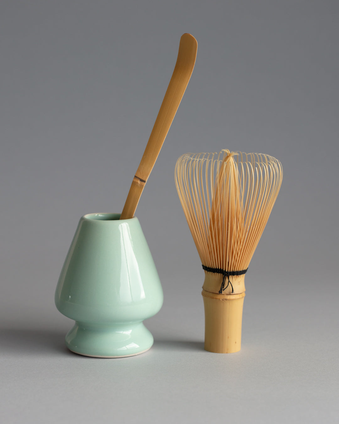 Handcrafted bamboo chasen, chashaku and naoshi stand for preparing matcha at home